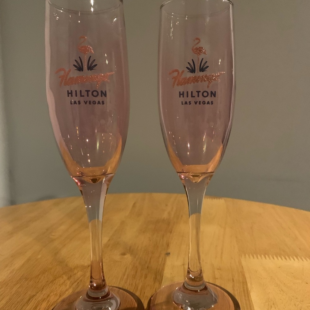 Two Pink Flamingo Hilton Los Vegas Champagne Flutes